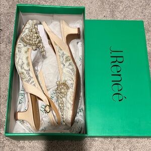 J.Renee Ivory Pearl-Embellished Pointed Slingback Mules